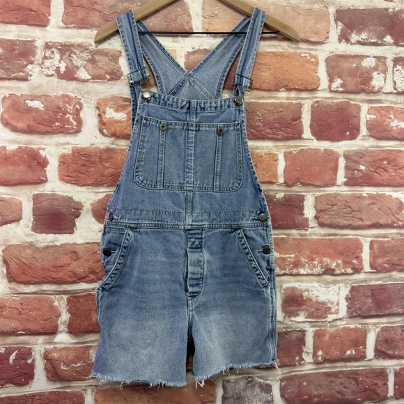 Free People Shorts Jumpsuit Overalls Women's 24 Blue Denim Bib Shortalls Cutoffs - Picture 2 of 9